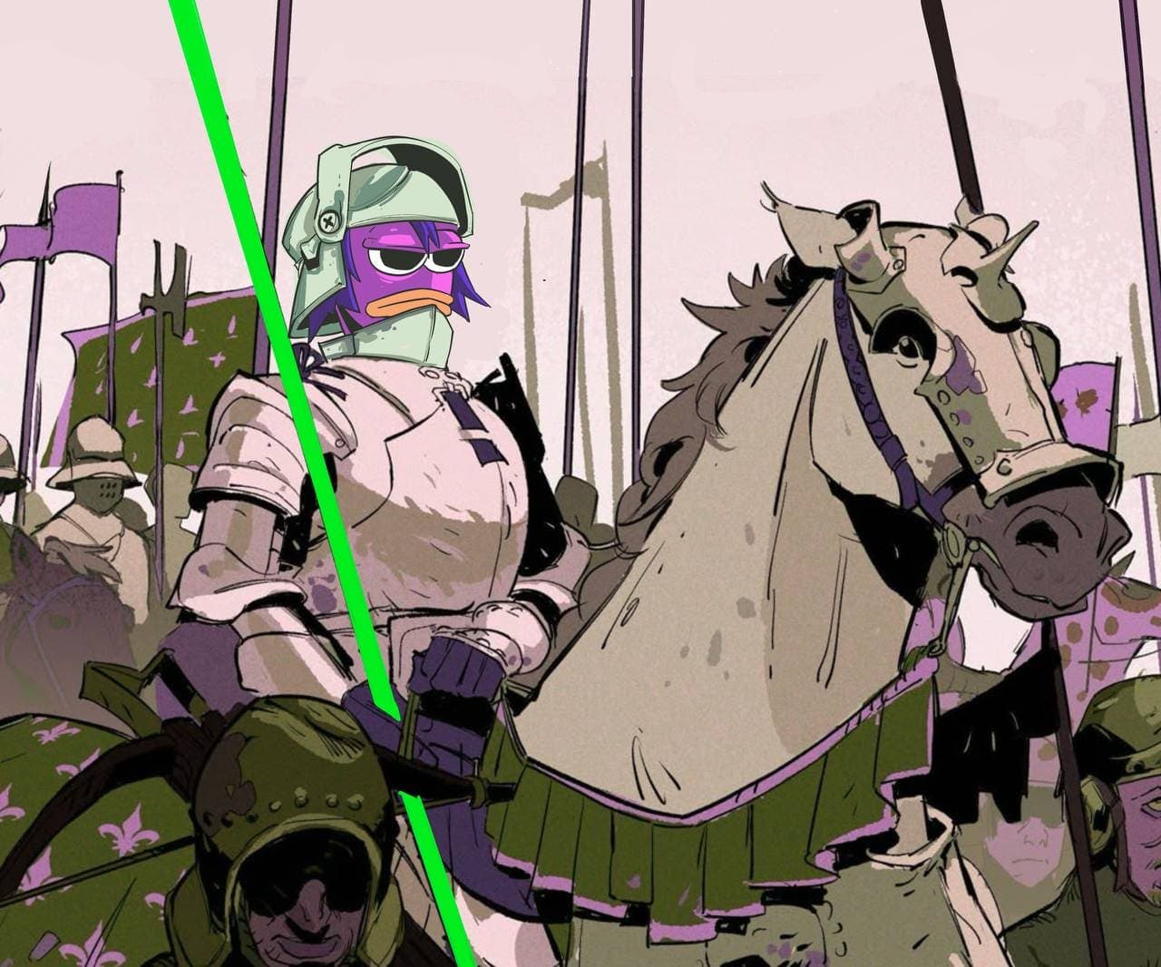 Gmonad knight surrounded by an army, holding a banner