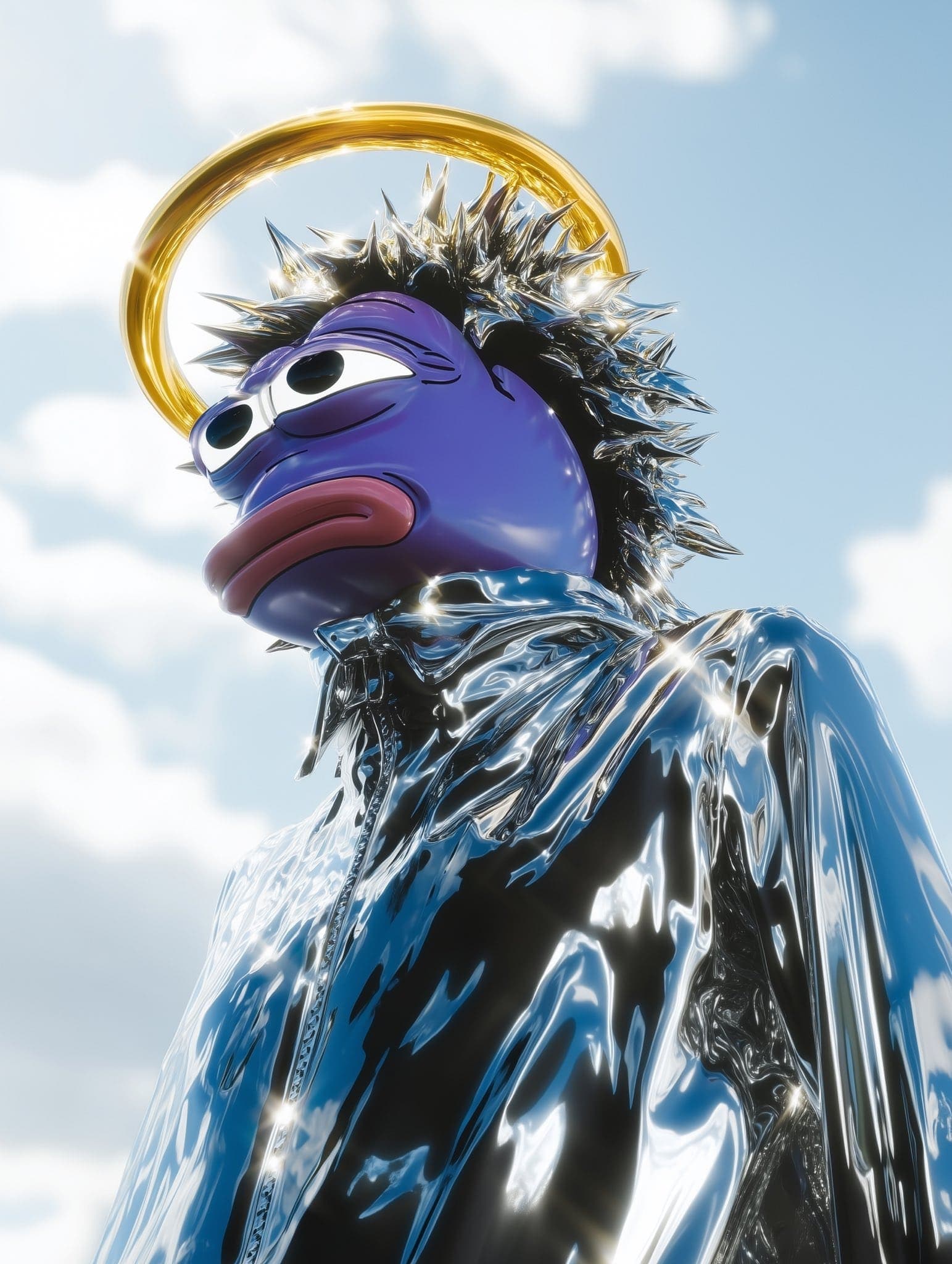 Gmonad wearing a bright reflective silver suit posing confidently